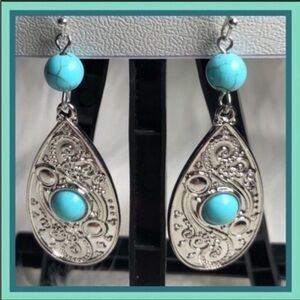 Western style earrings sliver tone and turquoise color beads French wire hooks
